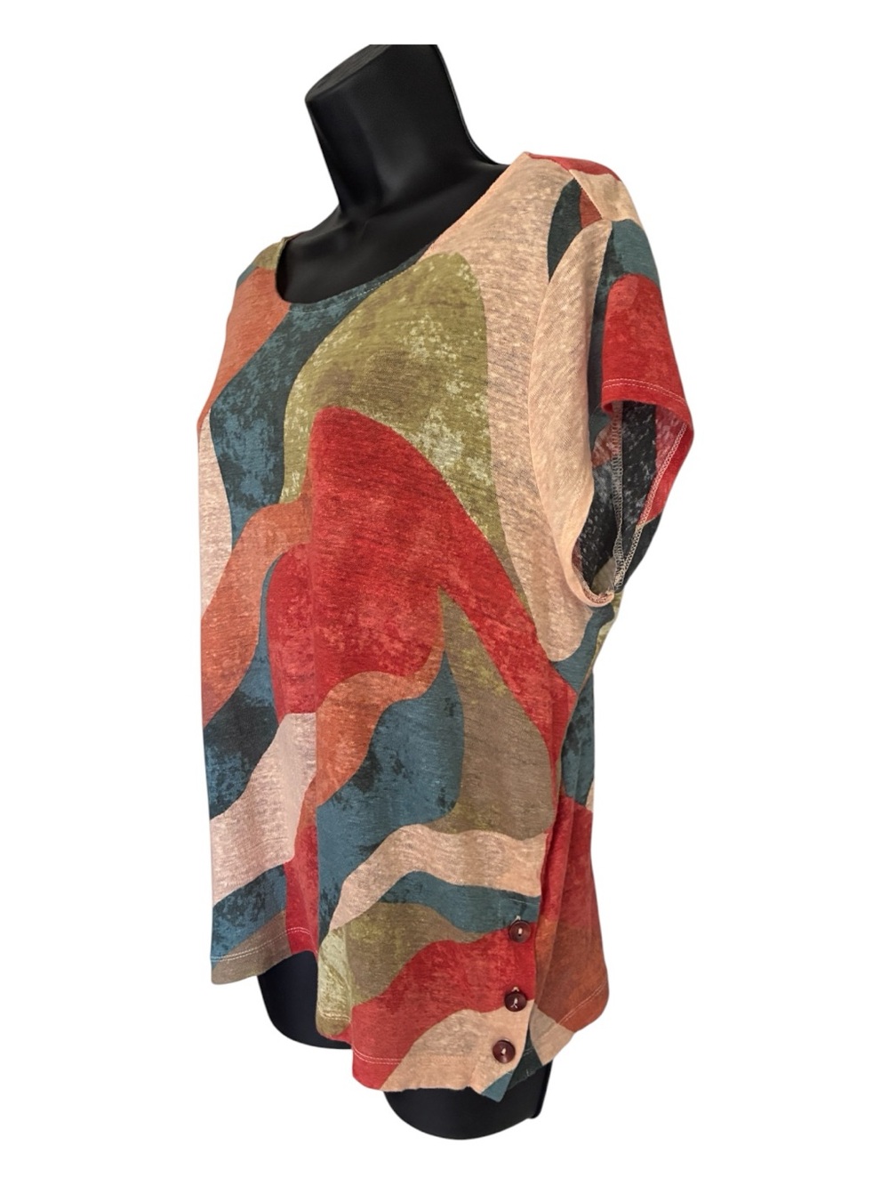 Geometric Linen Artsy Orange Blue Multicolor Wave Print Short Sleeve Top Sz XL - Picture 2 of 7